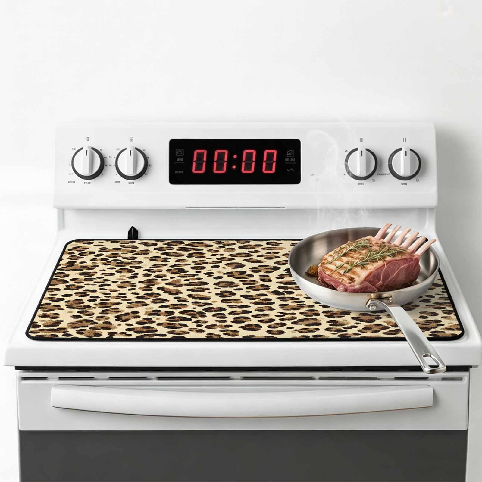 Leopard Stove Top Cover for Electric Stove, Heat-proof & Non Slip Glass Top Stove Cover Protector, Rustic Brown Animals Art Modern Kitchen Flat Cooktop Rubber Mat 24x21 Inches