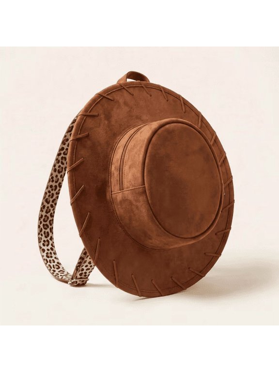 Leopard Strap Western Cowboy Hat Shaped Backpack - Faux Suede Cowgirl Daypack Purse Outdoor Country Concert Rodeo Theme Party Accessories & Back To School