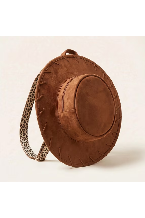 Leopard Strap Western Cowboy Hat Shaped Backpack - Faux Suede Cowgirl Daypack Purse Outdoor Country Concert Rodeo Theme Party Accessories & Back To School