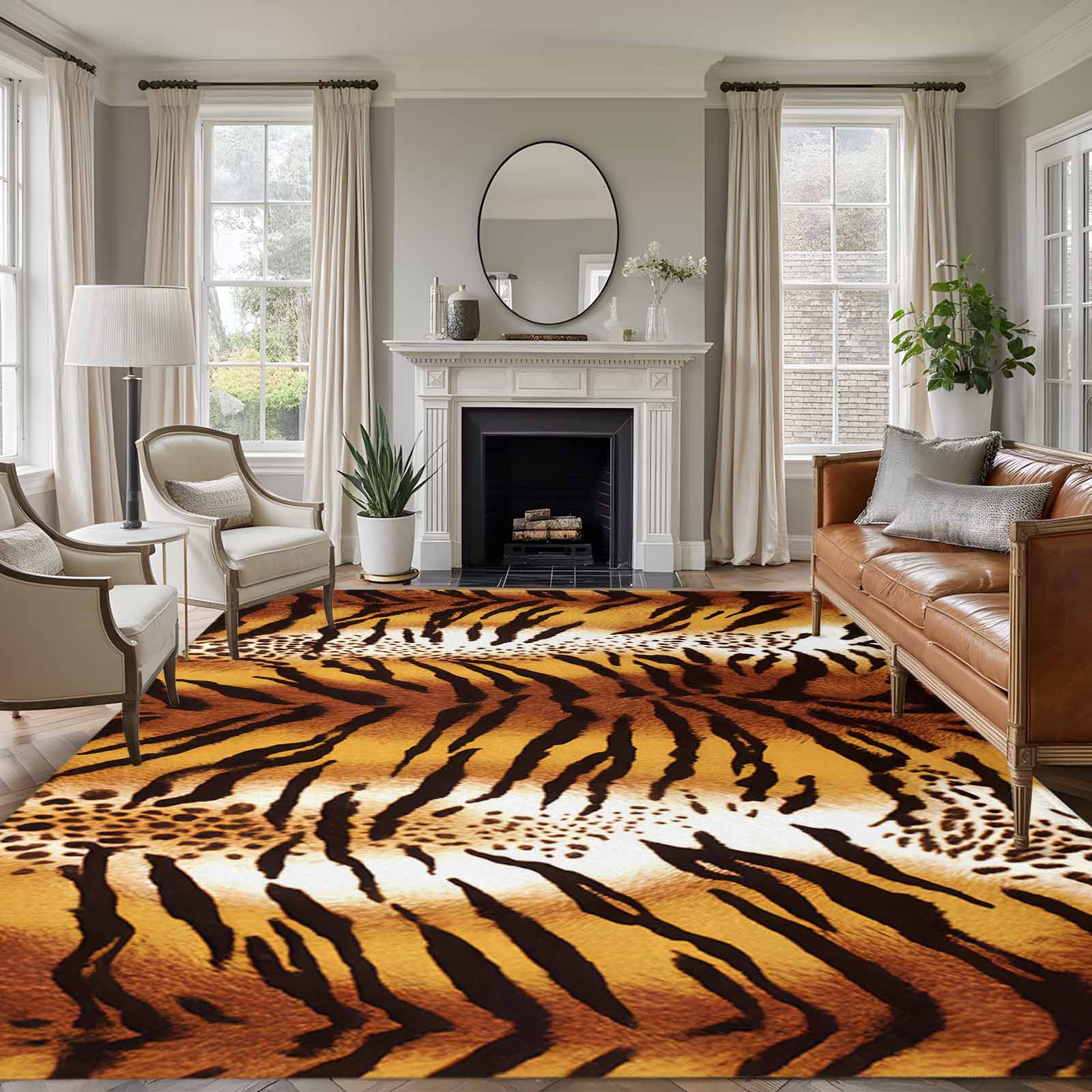 Leopard Stripes Area Rugs 5'x7', Washable Small Throw Rugs for Laundry Room Playroom, Farmhouse Brown Black Animals Texture Indoor Outdoor Rug Non-Slip Low Pile Carpet Runner Reversible Floor Mats