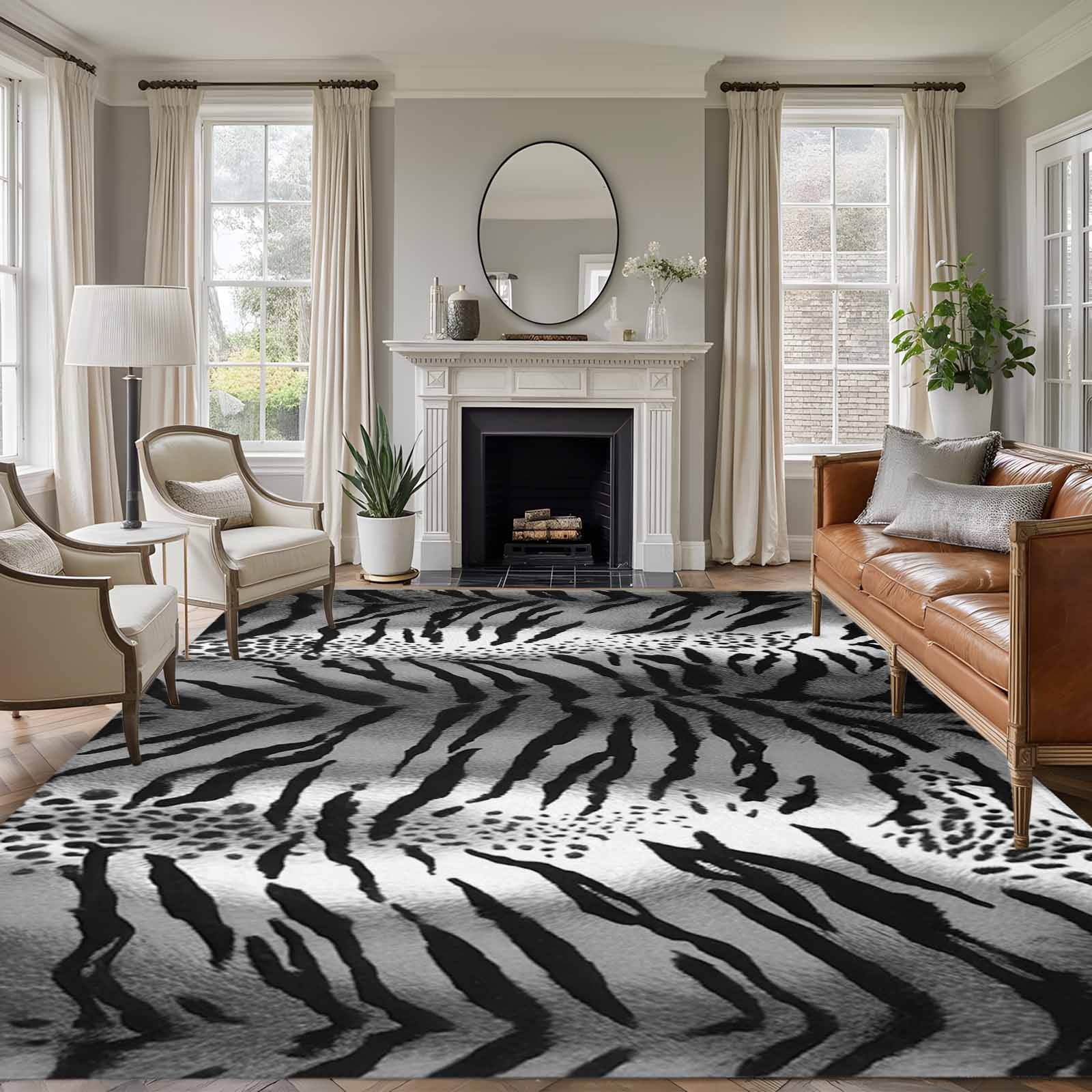 Leopard Stripes Area Rugs 8'x10', Washable Small Throw Rugs for Living Room Patio, Vintage Black White Animals Texture Indoor Outdoor Rug Non-Slip Low Pile Carpet Runner Reversible Floor Mats