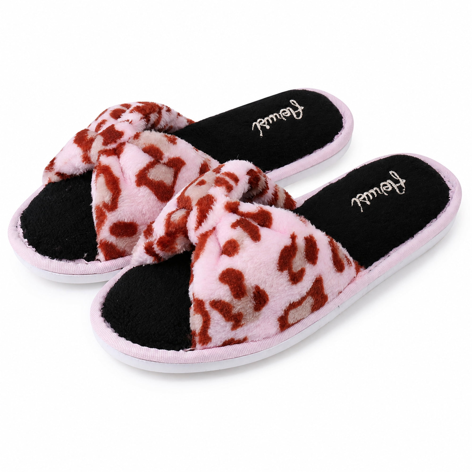 Leopard Style Memory Foam Woven Non-Slip Indoor Cozy Pom Knit Spa Women Slippers