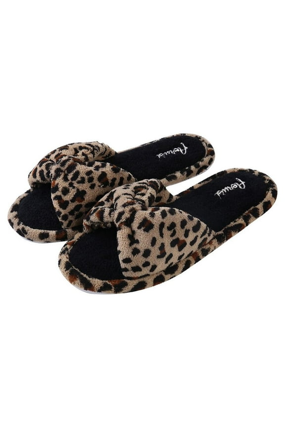 Leopard Style Memory Foam Woven Non-Slip Indoor Cozy Pom Knit Spa Women Slippers