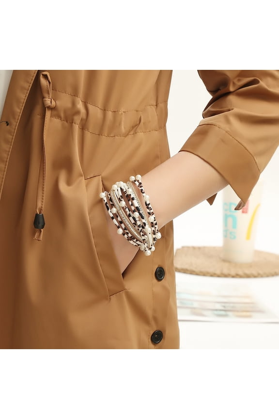 Leopard Suede Leather Multi-strand Bracelets Acrylic Pearl Jewelry for Women Khaki 15-3/8 inch(39cm)