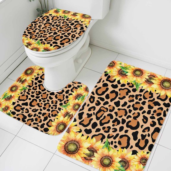 Leopard Sunflower Bathroom Rugs Set Abstract Summer Yellow Flower Non Slip Absorbent Soft Bath Mats 3 Piece Set with Bathroom Rug, U-Shaped Floor Mat, Toilet Seat Cover Small Size