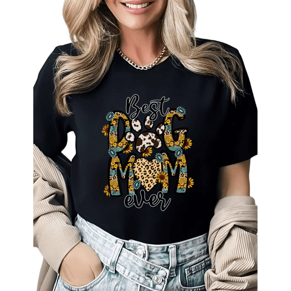 Leopard Sunflower Best Dog Mom Ever Paw Heart Graphic Tees Womans Tshirt Shirts Black White S-5XL Tops