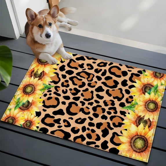 Leopard Sunflower Front Door Rugs 2x3 ft Abstract Summer Yellow Flower Small Rug for Entryway Non Slip Washable Bathroom Door Mat Absorbent Floor Mat for Indoor Entrance