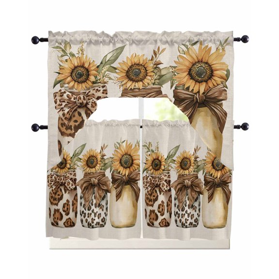 Leopard Sunflower Glass Bottle Kitchen Curtains Sets 24 Inch Length with Valance, Brown Bow Rustic Swag Valances and Tiers Curtain Set Drapes Swag Curtains for Living Room, Bathroom, Bedroom, Cafe