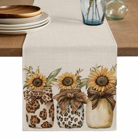 Leopard Sunflower Glass Table Runner, Brown Bow Rustic Washable Cotton Linen Table Runners 48 Inches Long, Dresser Scarf Runner for Nightstand/Coffee/End Tables 13''x48''