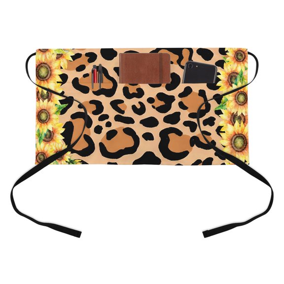 Leopard Sunflower Half Waist Apron Abstract Summer Yellow Flower Short Waiter Aprons with 3 Pockets for Women Men Kitchen Restaurant Cooking
