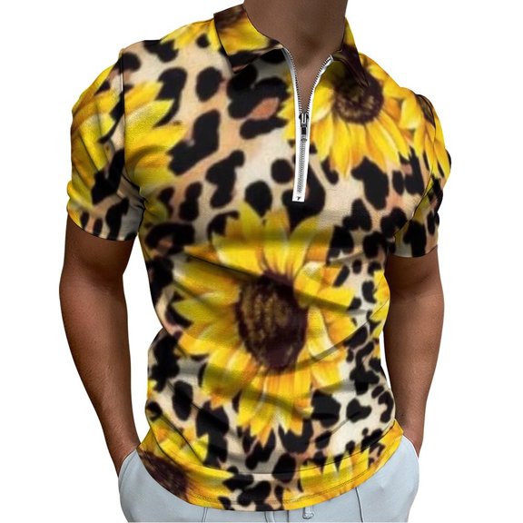 Leopard Sunflower Men Zipper T-shirt Summer Casual Short Sleeve T-shirt Top