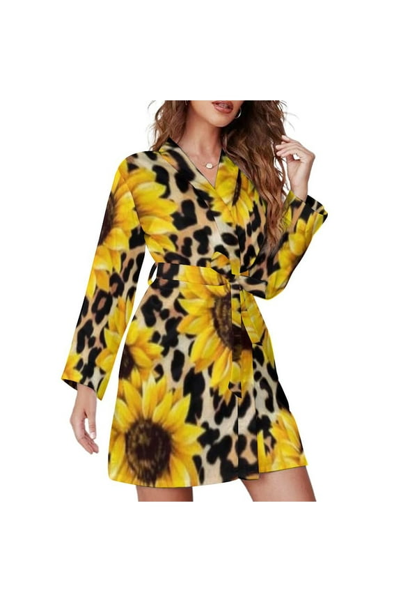 Leopard Sunflower Night Robe Long Sleeve V Neck Robe With Belt Women's Sleepwear Dresses