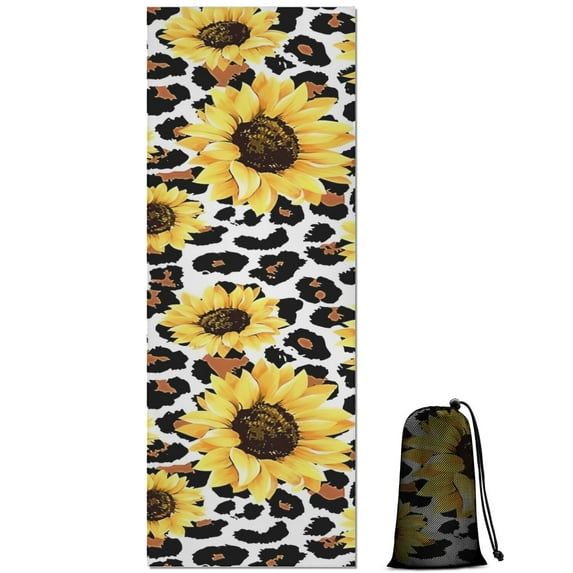 Leopard Sunflower Pattern Hot Yoga Mat Towel Non Slip for Hot Yoga - Quick-Drying Yoga Mat Cover with 4 Corner Pockets with Travel Bag - Hot Yoga Towel Non Slip Grip Moisture Wicking Sweat 70"x26"