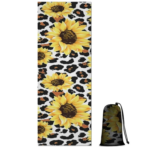 Leopard Sunflower Pattern Hot Yoga Mat Towel Non Slip for Hot Yoga - Quick-Drying Yoga Mat Cover with 4 Corner Pockets with Travel Bag - Hot Yoga Towel Non Slip Grip Moisture Wicking Sweat 70"x26"