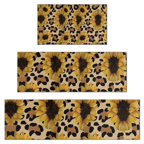Leopard Sunflower Pattern Kitchen Rugs Sets Of 3,Kitchen Runner Rugs Non Skid Washable,Decorative Kitchen Floor Mats for Kitchen,Sink,Laundry,17"x30"+ 17"x47" + 17"x59"