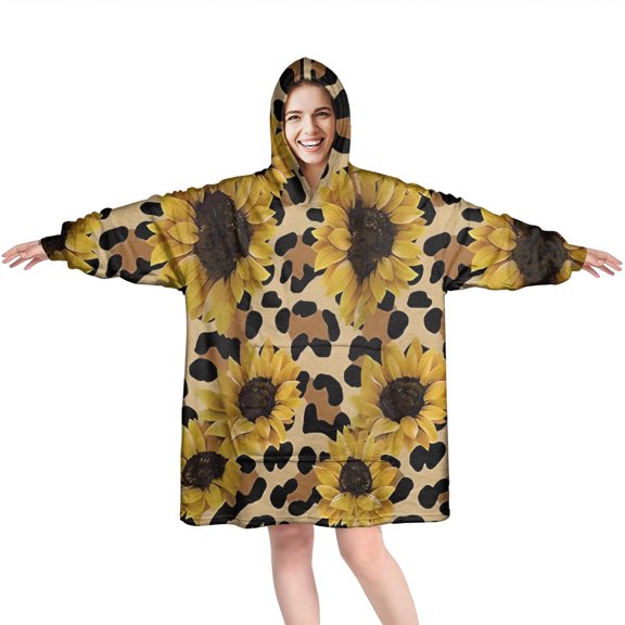 Leopard Sunflower Pattern Wearable Oversized Blanket,Wearable Blanket Hoodie for Adults,Cozy Hooded Blankets with Super Pockets,Super Warm Fuzzy Pullover for Women & Men