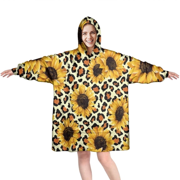 Leopard Sunflower Pattern Wearable Oversized Blanket,Wearable Blanket Hoodie for Adults,Cozy Hooded Blankets with Super Pockets,Super Warm Fuzzy Pullover for Women & Men