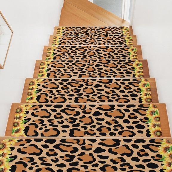 Leopard Sunflower Stair Treads Non Slip for Steps Abstract Summer Yellow Flower 4 Pcs Reusable Adhesive Stair Runner Mats for Dogs Elders Carpet Treads Rugs for Staircase 8x30 In