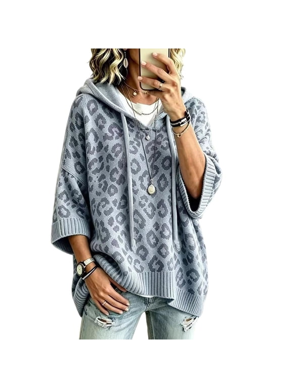Leopard Sweaters for Women Cheetah Print Hoodie Fall Womens Tops 3/4 Sleeve
