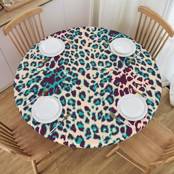 Leopard Tablecloth with Elastic Edge, Round Table Cover Washable Reusable Cheetah Print Table Cloths for Kitchen Dining Party, Small (Fits 40-44 in)