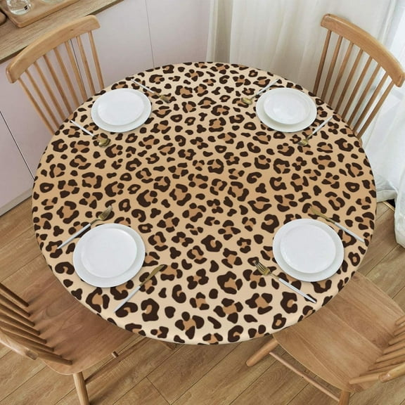 Leopard Tablecloth with Elastic Edge, Round Table Cover Washable Reusable Cheetah Print Table Cloths for Kitchen Dining Party, Small (Fits 40-44 in)