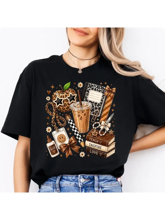 Leopard Teacher Shirt, Cute Teach Inspire Love Graphic Tee, Back to School Teacher Gift, Trendy Teacher Tee