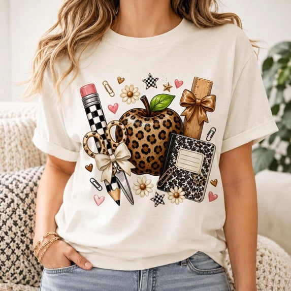 Leopard Teacher Women's T-Shirt Casual Back To School Soft T Shirt Teacher Round Neck Loose Casual Tees Gift For Mom
