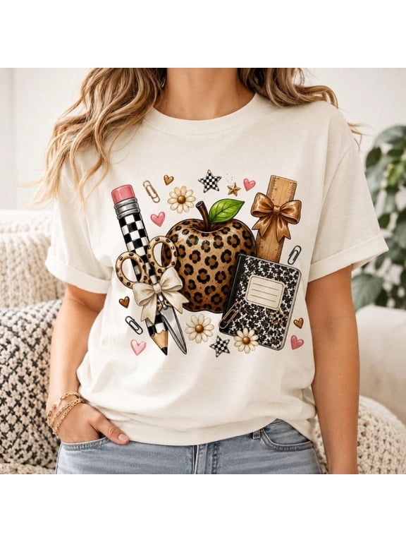 Leopard Teacher Women's T-Shirt Casual Back To School Soft T Shirt Teacher Round Neck Loose Casual Tees Gift For Mom