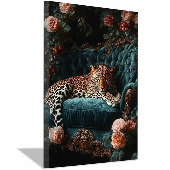 Leopard on Teal Velvet Sofa Canvas Wall Art, Floral Animal Prints Canvas Poster for Living Room Bedroom Office Decor, Framed Ready to Hang Ready to hang-18"L x 12"W