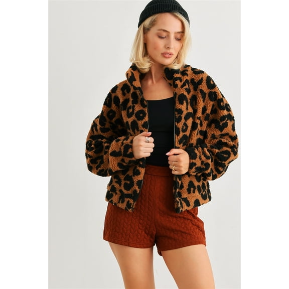 Leopard Teddy Zip-up Two Pocket Jacket Camel Leopard ' M