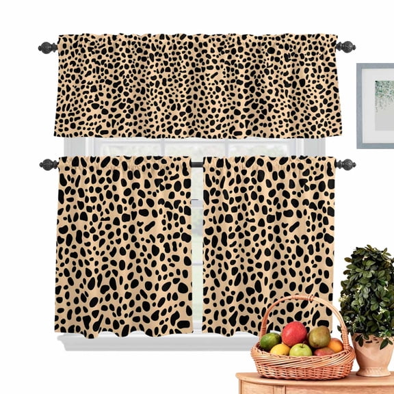 Leopard Texture Kitchen Curtains Valances 3 Piece Set, Wild Animal Camo Rod Pocket Tier Curtain and Valance Drapes for Small Window 24 Inch Length for Bedroom Cafe