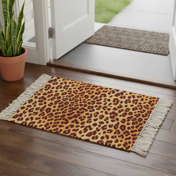 Leopard Texture Print Bathroom Rug 2'x3', Orange Yellow Retro Farmhouse Low Profile Front Entryway Rug with Tassels, Woven Cotton Washable Kitchen Mat Carpet for Foyer Bedroom Back Door Decor