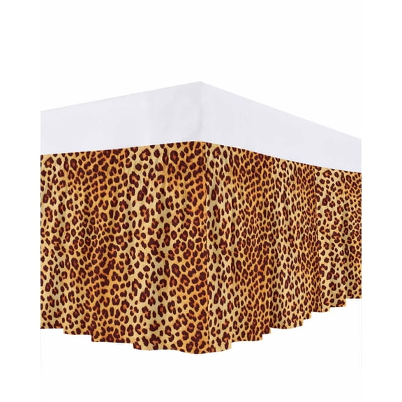 Leopard Texture Print Bed Skirt Queen Size, Orange Yellow Retro Farmhouse Wrap Around Bed Skirting with Adjustable Elastic Strap, Dust Ruffle Pleated Bedskirts 16 Inch Drop for Bedroom Queen Beds