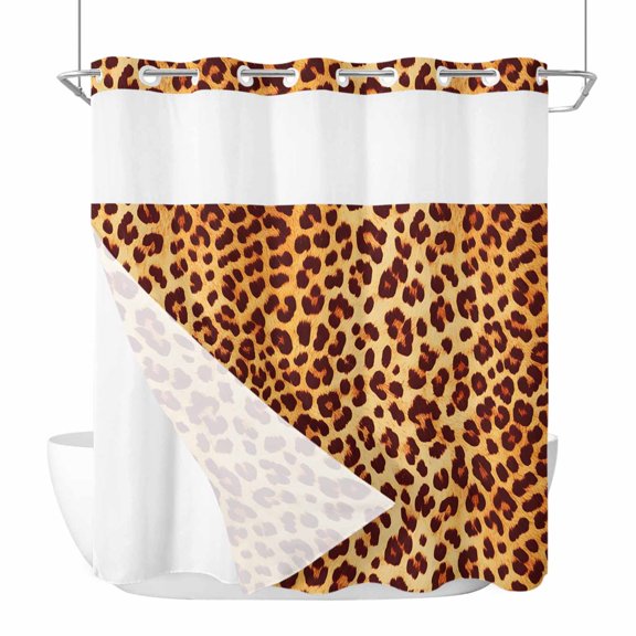 Leopard Texture Print No Hook Shower Curtain Waterproof, Bathroom Curtains with Snap in Liners and See Through Top Window, Orange Yellow Retro Farmhouse Hotel Style Bathtub Curtains Shower 72"Wx72"L