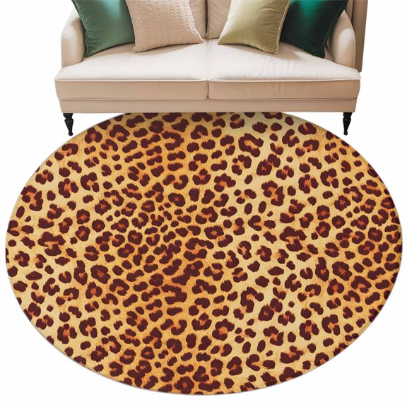 Leopard Texture Print Large Area Rugs for Bedroom Living Room, Soft Non Slip Carpet Bedside Rug, Orange Yellow Retro Farmhouse Round Floor Cover Kitchen Accent Rug 8' for Dining Room/Office