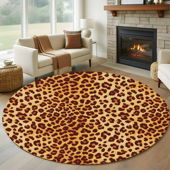 Leopard Texture Print Round Area Rug 6 FT, Non Slip Bedroom Area Rug, Orange Yellow Retro Farmhouse Washable Soft Circular Carpet Non-Shedding Floor Mat for Kitchen Dining Room Home Office Kids Room