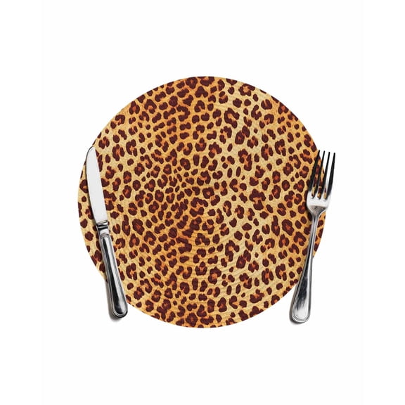 Leopard Texture Print Round Placemats for Dinning Tables,Heat-proof Braided Table Mats 13 Inch,Orange Yellow Retro Farmhouse Washable Place Mat for Kitchen Restaurant Party Decor Table Setting