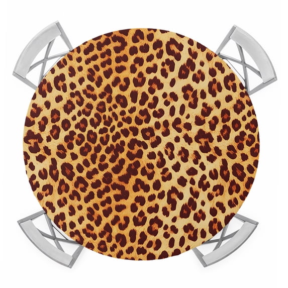 Leopard Texture Print Round Tablecloth for 45-54 Inch Tables,Fitted Table Cover with Elastic Edge,Orange Yellow Retro Farmhouse Waterproof Outdoor Table Cloth Protector for Patio Garden Dinner Picnic