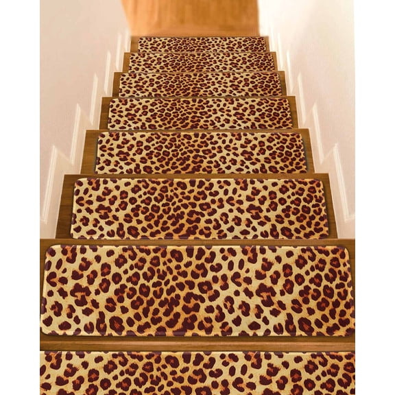 Leopard Texture Print Stair Treads for Wooden Steps Indoor Runner Rug Carpet, Orange Yellow Retro Farmhouse 15 Pieces Peel and Stick Staircase Step Treads Covers Washable Throw Door Mats, 30"x8"