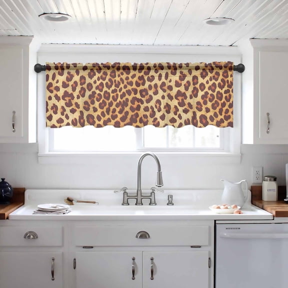 Leopard Texture Print Valance Curtains for Kitchen/Living Room/Bathroom/Bedroom Window, Orange Yellow Retro Farmhouse Rod Pocket Small Topper Half Short Window Curtains Voile Sheer Scarf 42"x12"