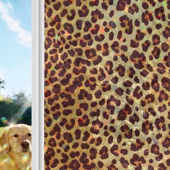 Leopard Texture Print Window Privacy Film Stain Glass,Reusable Decorative Rainbow Window Film,Orange Yellow Retro Farmhouse Static Cling Sun Blocking Stickers Decals Covers 17.7" x 78.7" (2pcs)