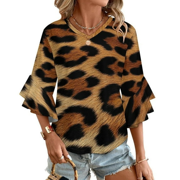 Leopard Textured Background Pattern Women's V-Neck Blouse With 3/4 Ruffled Bell Sleeves Casual Top Ladies Blouses