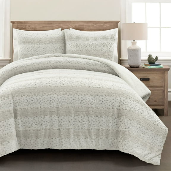 Leopard Textured Faux Fur Comforter Gray 3Pc Set Full/Queen