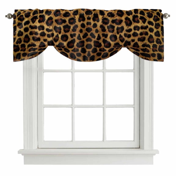 Leopard Tie Up Valance Curtains for Windows, Kitchen Curtains Window Shades, Brown Vintage Leopard Print Light Filtering Roman Curtain Valances for Bedroom/Bathroom/Cafe 42"x12"