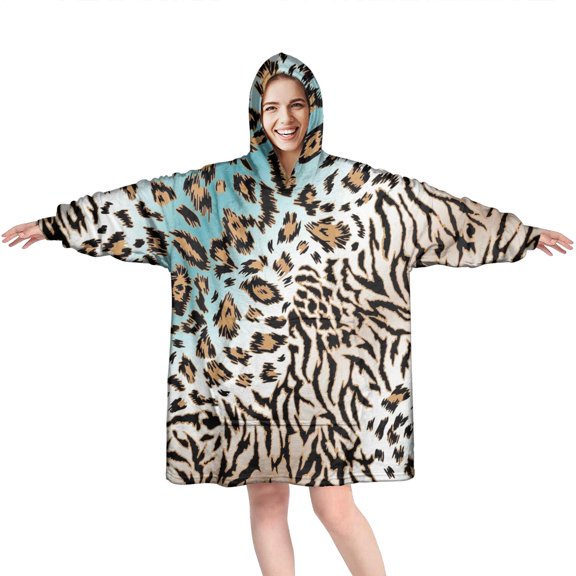 Leopard and Tiger Pattern Wearable Oversized Blanket,Wearable Blanket Hoodie for Adults,Cozy Hooded Blankets with Super Pockets,Super Warm Fuzzy Pullover for Women & Men