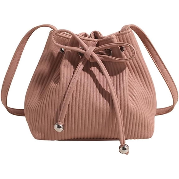 Stripe Drawstring Bucket Bag Small Leather Crossbody Hobo Bucket Satchel Bag Casual Lightweight Drawstring Daypack Purse