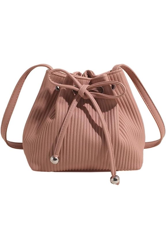 Stripe Drawstring Bucket Bag Small Leather Crossbody Hobo Bucket Satchel Bag Casual Lightweight Drawstring Daypack Purse