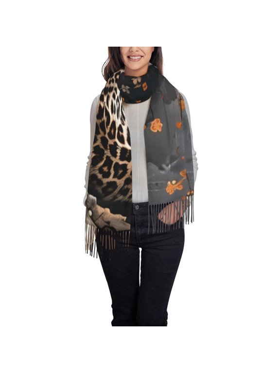 Leopard On Tree Branch Women's Floral Print Soft Cotton Voile Scarf Shawl with Tassels - Multi-Use Wrap for Party, Beach, Headscarf, Infinity Scarf - Fashionable Gift