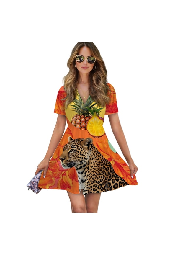 Leopard Tropical Fruits Vibrant Collage Women Dress V-Neck Short Sleeve Flowy Swing Party Midi Dress