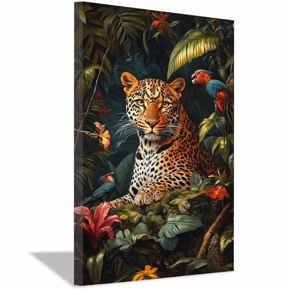 Tropical Jungle Leopard Canvas Wall Art, Wildlife Animal Prints Painting for Living Room Bedroom Bathroom Home Decor, Framed Ready to Hang Ready to hang-12"L x 8"W